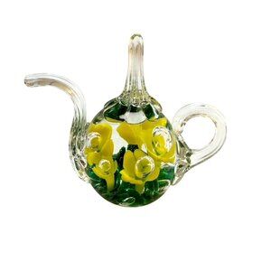 Vintage Joe Hamon St. Clair Glass Teapot Paperweight Yellow Flower, Green Accent